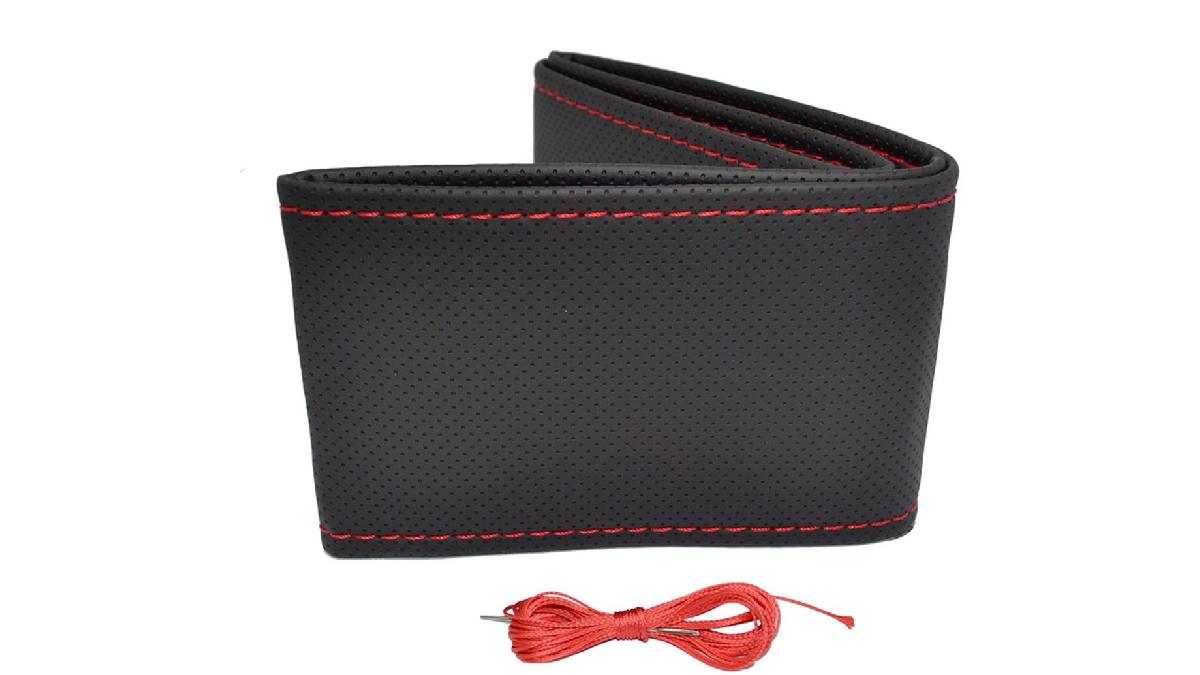 Housse+de+volant+universel+Classic+-+Cuir+PVC+perfor%C3%A9+noir+%2B+Surpiq%C3%BBre+rouge+%28la%C3%A7age%29